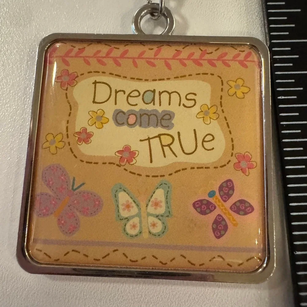 Dreams Come True Keychain Silver Tone Floral Butterfly Charm Pink Rhinestone‎